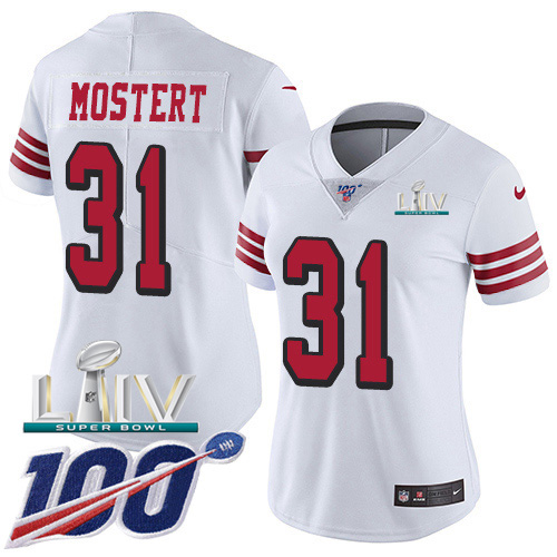 San Francisco 49ers Nike 31 Raheem Mostert White Super Bowl LIV 2020 Women Stitched NFL Limited Rush 100th Season Jersey